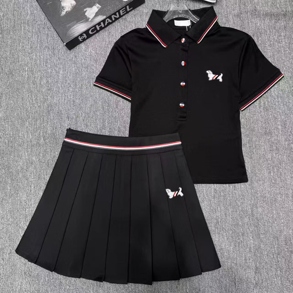 THOM BROWNE Polo Shirt Short-Sleeve Pleated Skirt Set - Casual Two-Piece Set - Picture 1 of 9